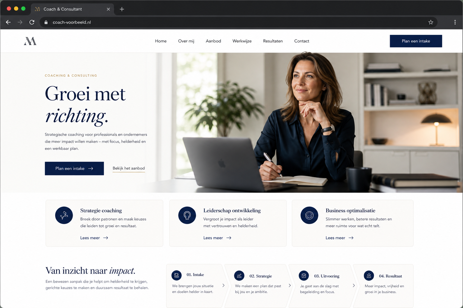 Concept website voor een coach of consultant met premium personal brand en intakeflow