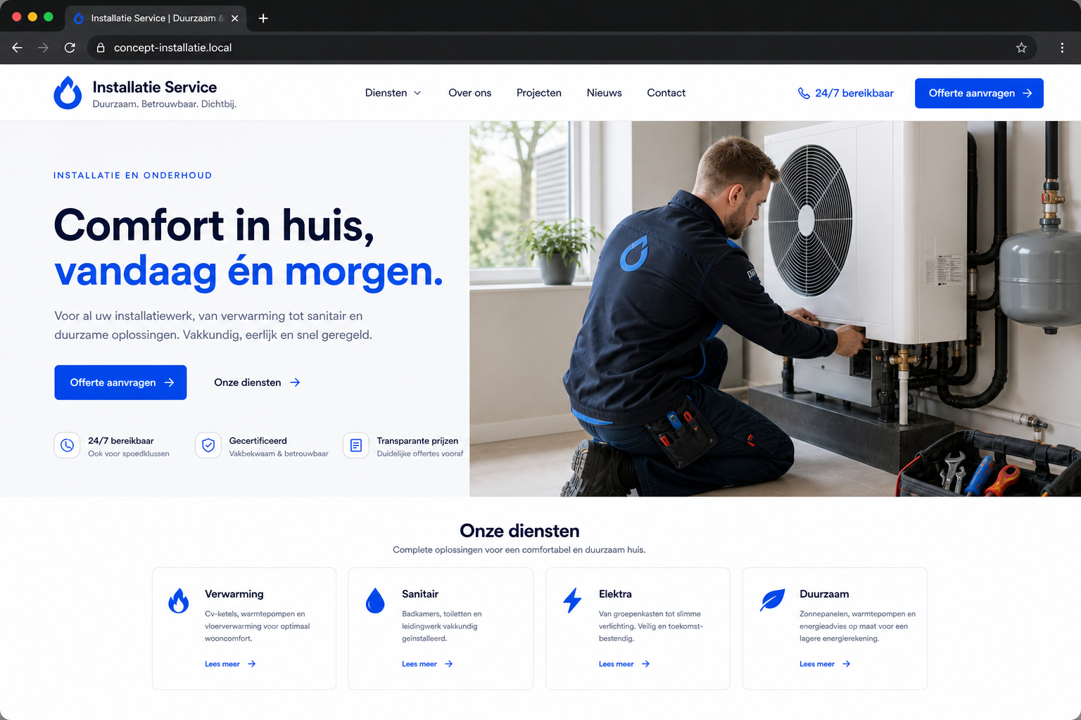 Concept website voor een installatiebedrijf met professionele fotografie en offerteflow