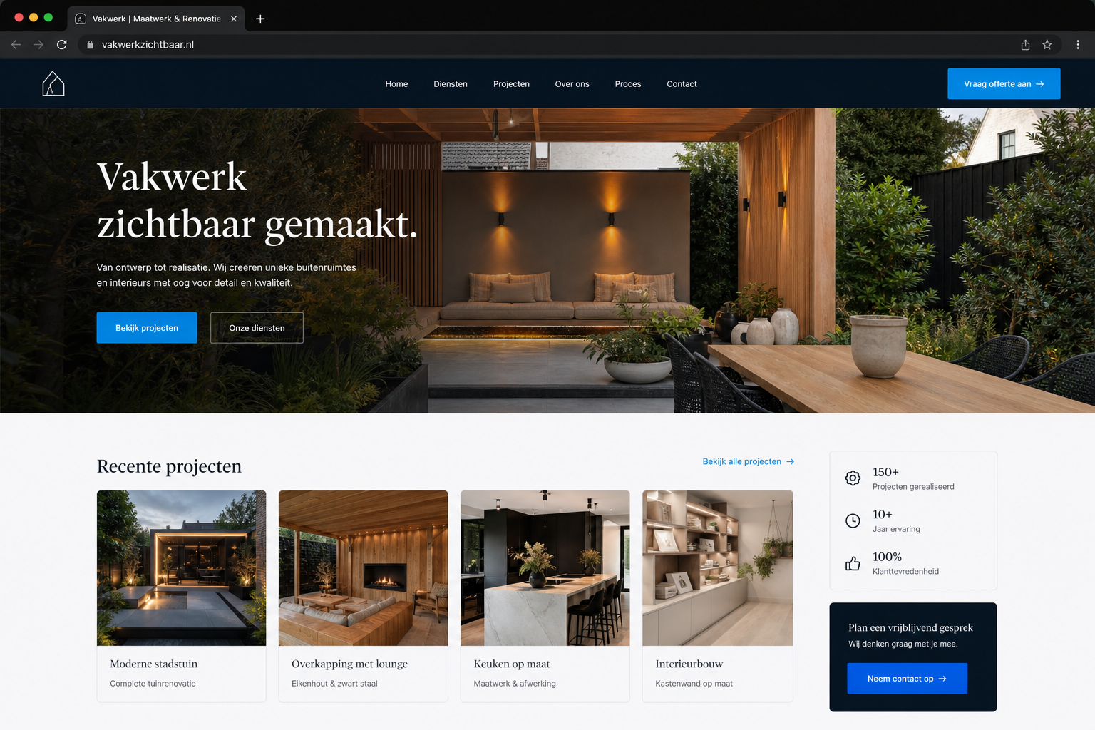 Concept website voor een lokale specialist met projectfotografie en portfolio-overzicht