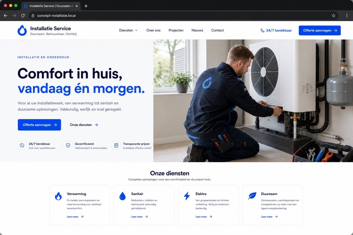 Bestaand Max Webstudio-websiteconcept voor een installatiebedrijf, met diensten en een duidelijke contactknop